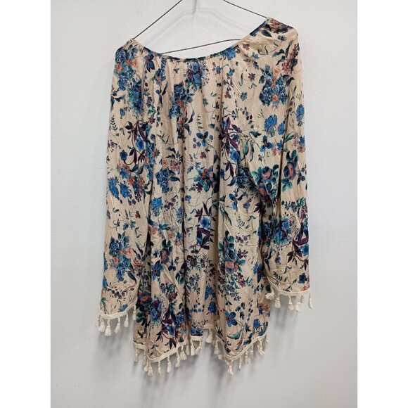 Anandas Collection BOHO Top Womens Large Floral Flare Sleeve Tassel Trim Cottage - Picture 7 of 9